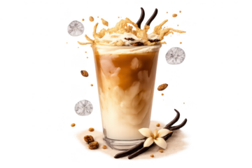 Iced Vanilla Latte with toppings on transparent background, studio shot