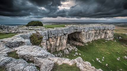 Massive weathered limestone blocks forming an insurmountable natural arch with dramatic stormy clouds overhead and green grassy terrain below