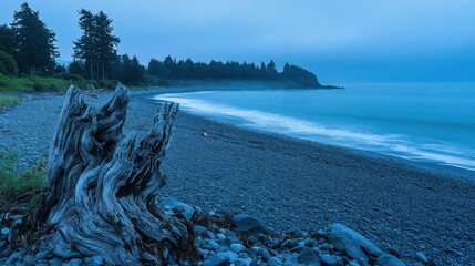 Gnarled weathered driftwood rests on a pebbled beach with blue ocean waves rolling in at dusk