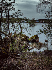 A sprawling mountain vista from a rocky outcrop. Evergreen trees frame a wide valley and distant lake under a somber, overcast sky. High quality photo