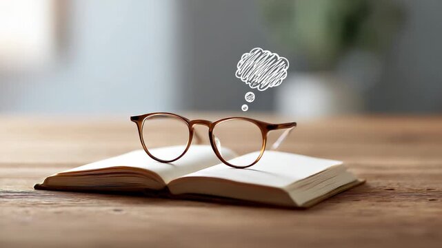 Intellectual concept showing reading glasses on an open book placed on a wooden desk, with an animated thought bubble representing imagination, ideas, and the power of knowledge and education