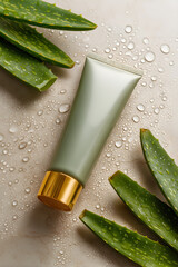 Green tube of skincare cream lies near fresh aloe vera leaves on a stone surface with water droplets and natural light