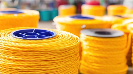 Close up of bright yellow spools of strong UV resistant cord for securing outdoor items in a warehouse