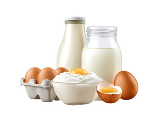 Fresh Dairy and Eggs Still Life isolated on a transparent background