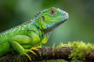 Obraz premium Beautiful iguana on blurred green background