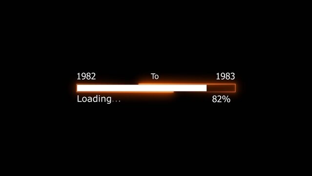 Loading 100 percent complete progress bar digital interface technology modern design white color 4k illustration. New year 1982 to 1983 loading. Neon bright rectangle frame black background.