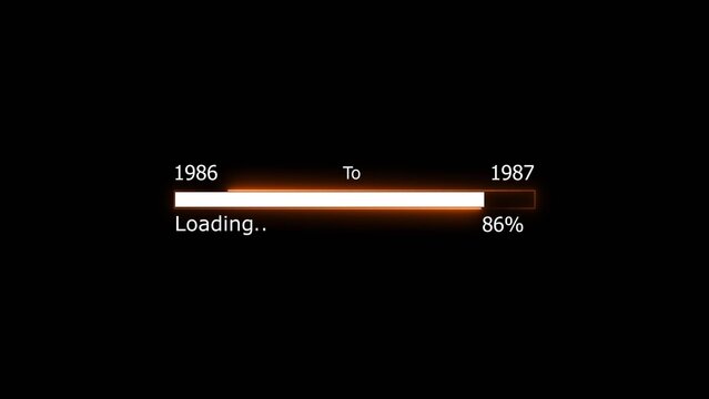 Loading 100 percent complete progress bar digital interface technology modern design white color 4k illustration. New year 1986 to 1987 loading. Neon bright rectangle frame black background.