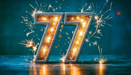 Silver Seventy-Seven Metallic Figures with Colorful Fireworks on a Bright Turquoise Background