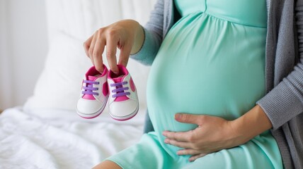 A pregnant woman in a mint green dress holding baby shoes