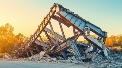 Twisted steel girders of a demolished bridge lie in ruins with debris under the setting sun