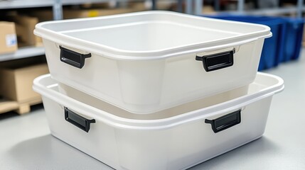 Two large white heavy duty plastic storage containers with black handles stacked one on top of the other