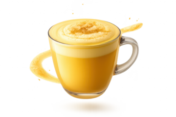 Golden milk latte beverage on transparent background for advertising.