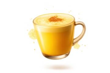 Golden Milk in glass, turmeric latte with transparent background shot.