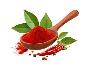 Vibrant Paprika Powder on Wooden Spoon with Fresh Chili Peppers and Green Leaves isolated on a transparent background.