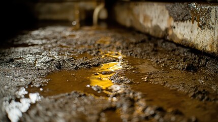 Viscous dark fluid seeping into the damp muddy ground with visible texture and reflection on the surface