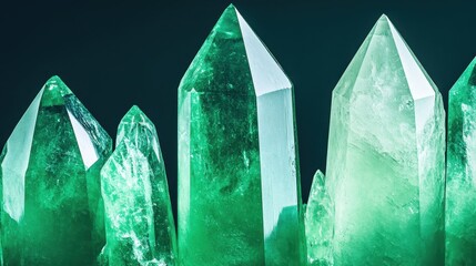 Vibrant green crystalline mineral formations with sharp facets and natural textures glowing with internal light against a dark background