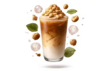 Iced Latte with Toppings on transparent background with decoratives.