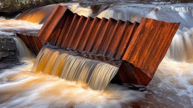 Warped rusty corrugated metal sheeting creating a textured dam with flowing water - Powered by Adobe