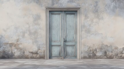 Weathered blue wooden double doors with peeling paint set against a textured gray stone wall