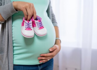 A pregnant woman holding baby shoes against her belly in a bright room