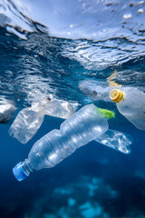 Plastic waste floats in ocean water with sunlight shining from above, showing pollution in marine environment