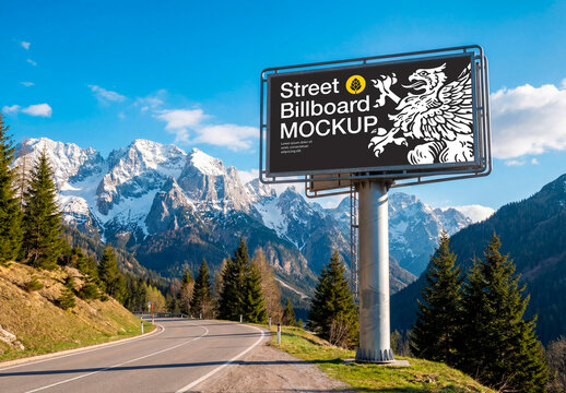 Roadside billboard with mountain background