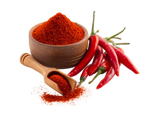 Vibrant Red Chili Peppers and Hot Paprika Powder in Wooden Bowl isolated on a transparent background