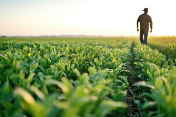 Farmer walking through lush green fields at sunset.