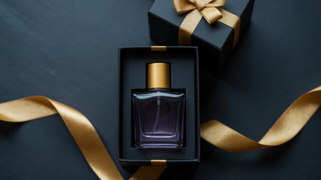 Luxury perfume bottle in black box with gold ribbon and gift box on dark background