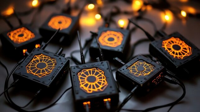 Portable communication hubs with glowing orange circular patterns and antennas illuminated in soft bokeh lights - Powered by Adobe
