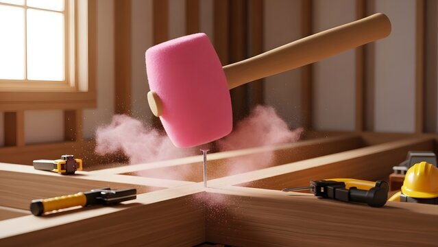 Surreal Pink Foam Hammer Striking a Nail into Construction Wood Joists