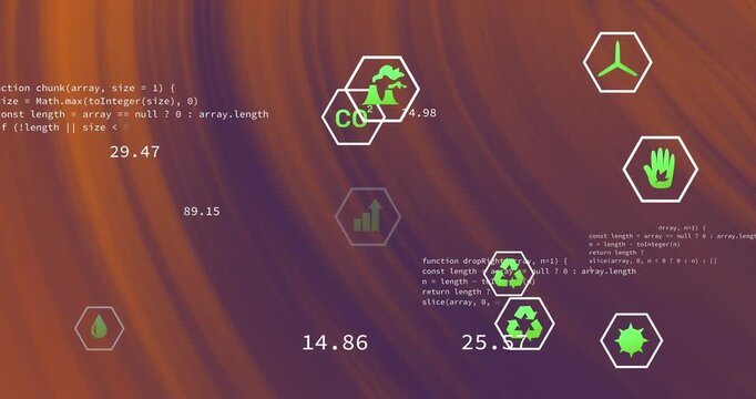 Animation of eco energy icons and numbers over orange pattern