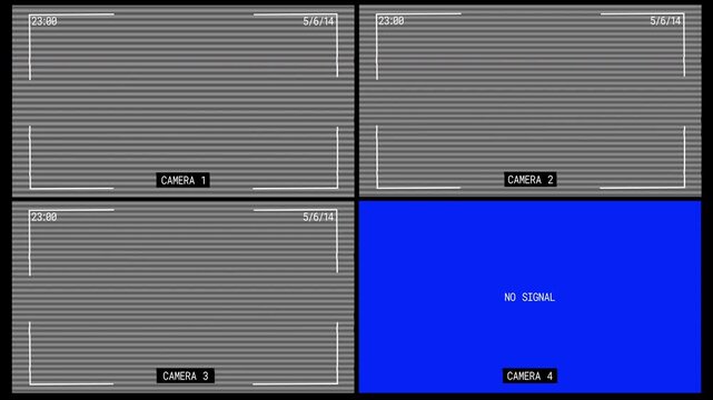 CCTV camera screen overlay in four way split with glitch and distortion effect. 4k video.