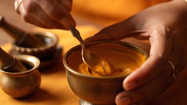 Ayurvedic Paste Preparation in Traditional Brass Bowl.