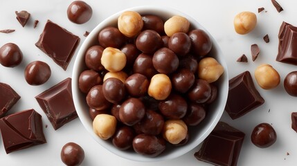 A delightful bowl filled with shiny dark chocolate-coated macadamia nuts captures the essence of gourmet snacking. Rich flavors emerge, inviting everyone to indulge
