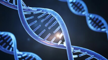 Tracking shot of intricate blue dna helix spiraling with ambient energy particles drifting in a 4k video for medical research genetics and scientific visualization - Powered by Adobe