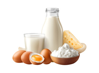 Fresh Dairy and Eggs: Essential Ingredients for Baking and Nutrition isolated on a transparent background