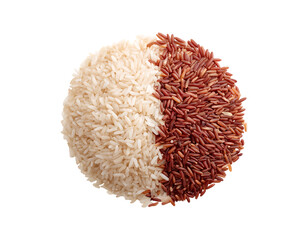 Yin and Yang of Rice: Uncooked Red and White Grains Forming a Circle isolated on a transparent background.