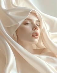 Tela de seda desliz&aacute;ndose sobre la piel, iluminaci&oacute;n suave, colores neutros elegantes, sensaci&oacute;n t&aacute;ctil extrema