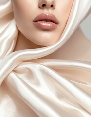 Tela de seda desliz&aacute;ndose sobre la piel, iluminaci&oacute;n suave, colores neutros elegantes, sensaci&oacute;n t&aacute;ctil extrema