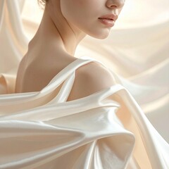 Tela de seda desliz&aacute;ndose sobre la piel, iluminaci&oacute;n suave, colores neutros elegantes, sensaci&oacute;n t&aacute;ctil extrema