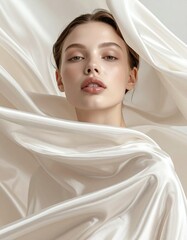 Tela de seda desliz&aacute;ndose sobre la piel, iluminaci&oacute;n suave, colores neutros elegantes, sensaci&oacute;n t&aacute;ctil extrema