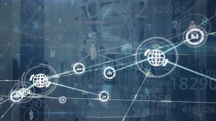 A digital interface with a network of connections over a server room - Powered by Adobe