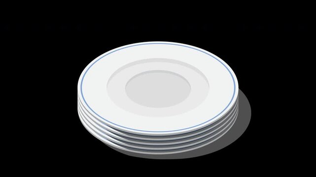 Isometric plates animation. Empty plates. Isometric cutlery. Isometric tableware. Transparent background with alpha channel