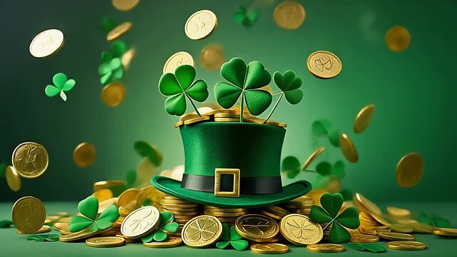 St. patricks day background with green leprechaun hat with clover and flying gold coins
