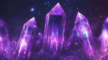 Close up view of shimmering purple crystals with galaxy and star formations within their facets
