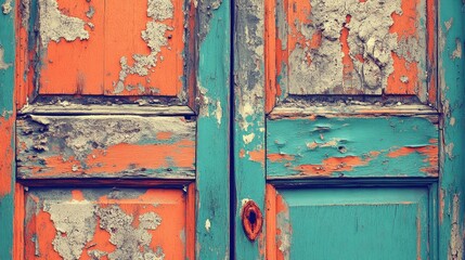 Weathered wooden door with peeling orange and teal paint revealing textured wood surface