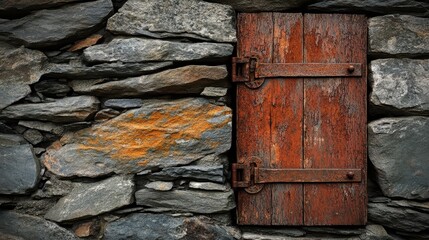 Weathered wooden door with rusty metal hinges set against a rough stone wall