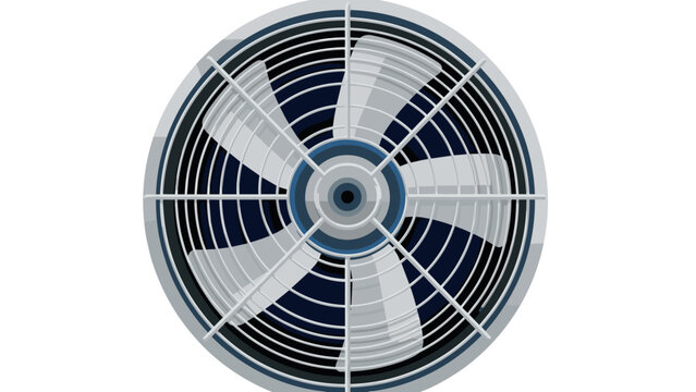 Top view of industrial cooling fan with metal blades and protective grille