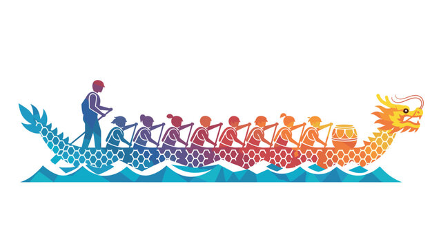 Vibrant dragon boat race with rowers in a colorful geometric design